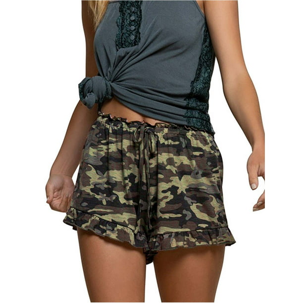Domple Women Drawstring Camouflage Elastic Waist Loose Casual Shorts 